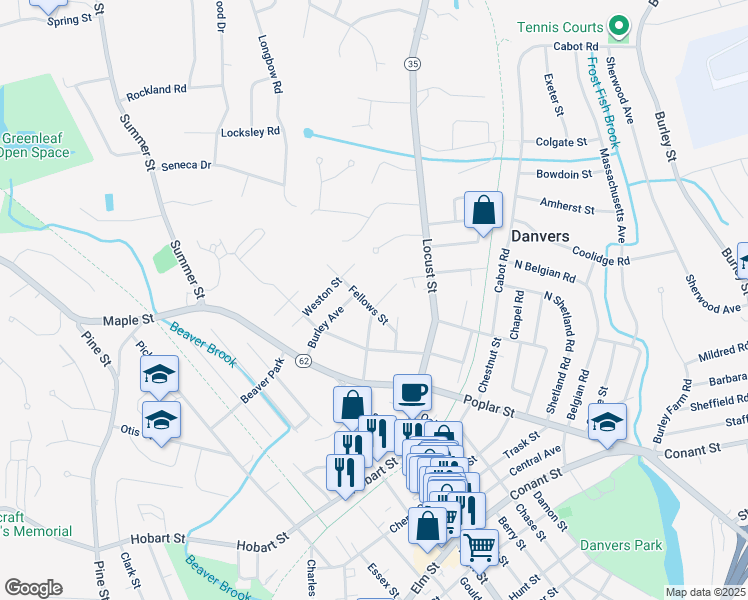 map of restaurants, bars, coffee shops, grocery stores, and more near 13 Fellows Street in Danvers