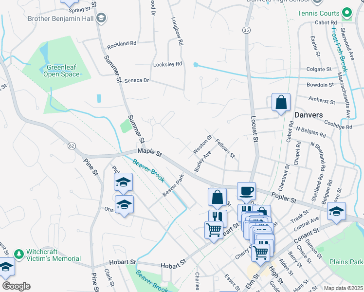map of restaurants, bars, coffee shops, grocery stores, and more near 70 Lindall Street in Danvers