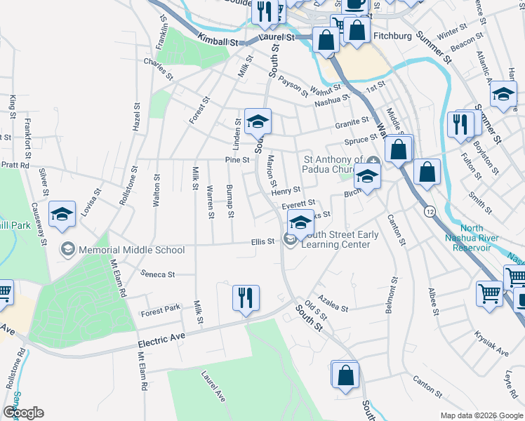 map of restaurants, bars, coffee shops, grocery stores, and more near 17 Everett Street in Fitchburg