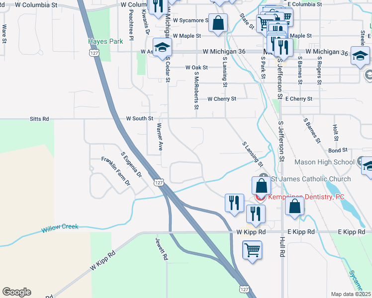 map of restaurants, bars, coffee shops, grocery stores, and more near 940 South Cedar Street in Mason
