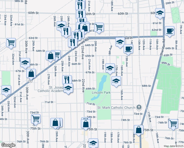 map of restaurants, bars, coffee shops, grocery stores, and more near 6703 21st Avenue in Kenosha
