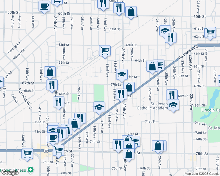 map of restaurants, bars, coffee shops, grocery stores, and more near 6711 32nd Ave in Kenosha