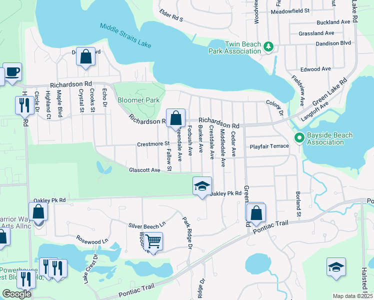 map of restaurants, bars, coffee shops, grocery stores, and more near 4335 Forbush Avenue in West Bloomfield Township