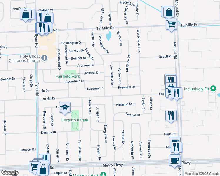 map of restaurants, bars, coffee shops, grocery stores, and more near 38109 Lincolndale Drive in Sterling Heights