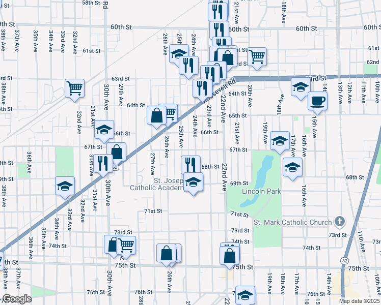 map of restaurants, bars, coffee shops, grocery stores, and more near 2409 67th Street in Kenosha