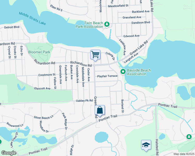 map of restaurants, bars, coffee shops, grocery stores, and more near 4369 Green Lake Road in West Bloomfield Township