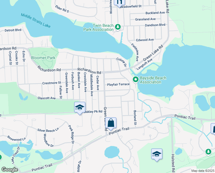 map of restaurants, bars, coffee shops, grocery stores, and more near 4369 Green Lake Road in West Bloomfield Township