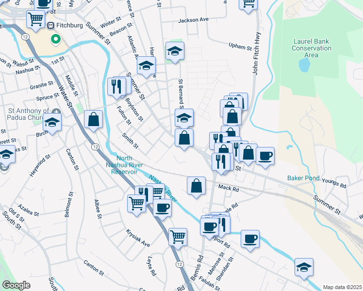 map of restaurants, bars, coffee shops, grocery stores, and more near 245 Summer Street in Fitchburg