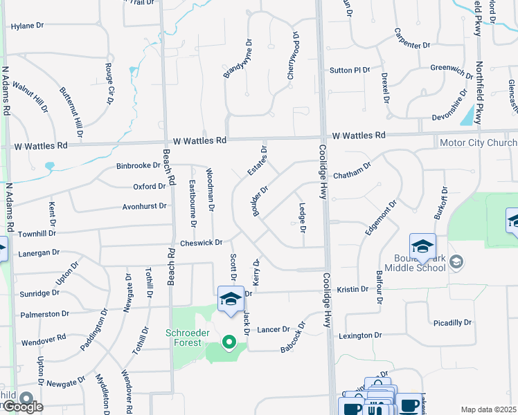 map of restaurants, bars, coffee shops, grocery stores, and more near 3820 Boulder Drive in Troy