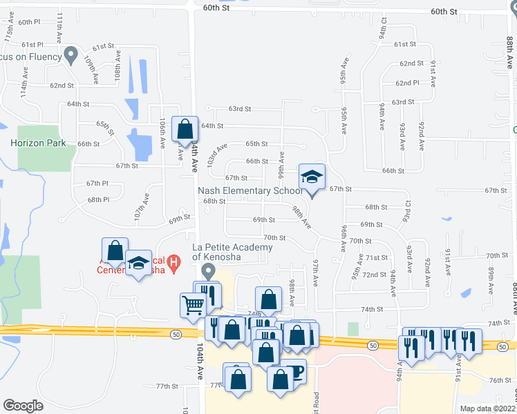 map of restaurants, bars, coffee shops, grocery stores, and more near 10005 68th Street in Kenosha