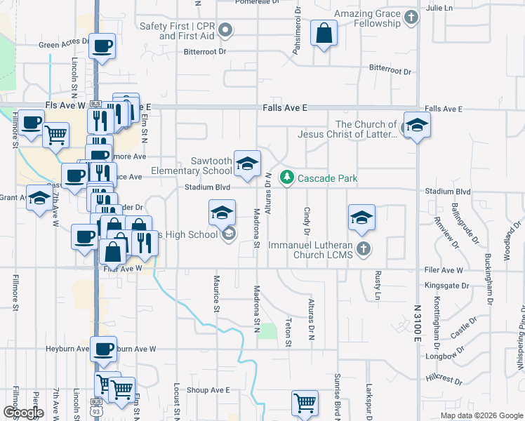 map of restaurants, bars, coffee shops, grocery stores, and more near 651 Alturas Drive North in Twin Falls
