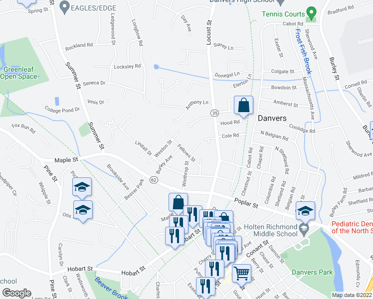 map of restaurants, bars, coffee shops, grocery stores, and more near 13 Fellows Street in Danvers