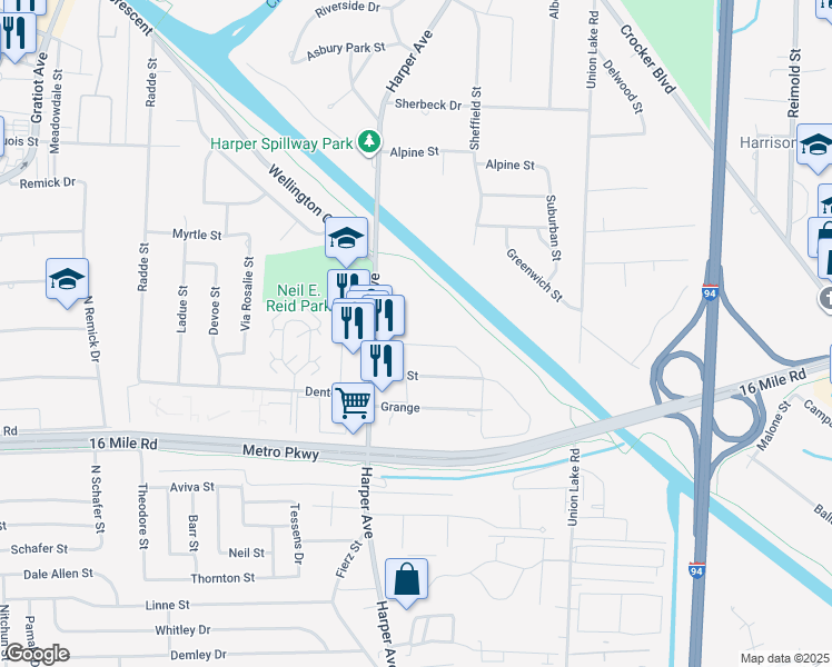 map of restaurants, bars, coffee shops, grocery stores, and more near 37500 Harper Avenue in Clinton Township