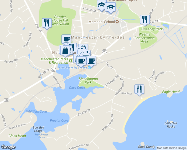 map of restaurants, bars, coffee shops, grocery stores, and more near 8 Tappan Street in Manchester-by-the-Sea