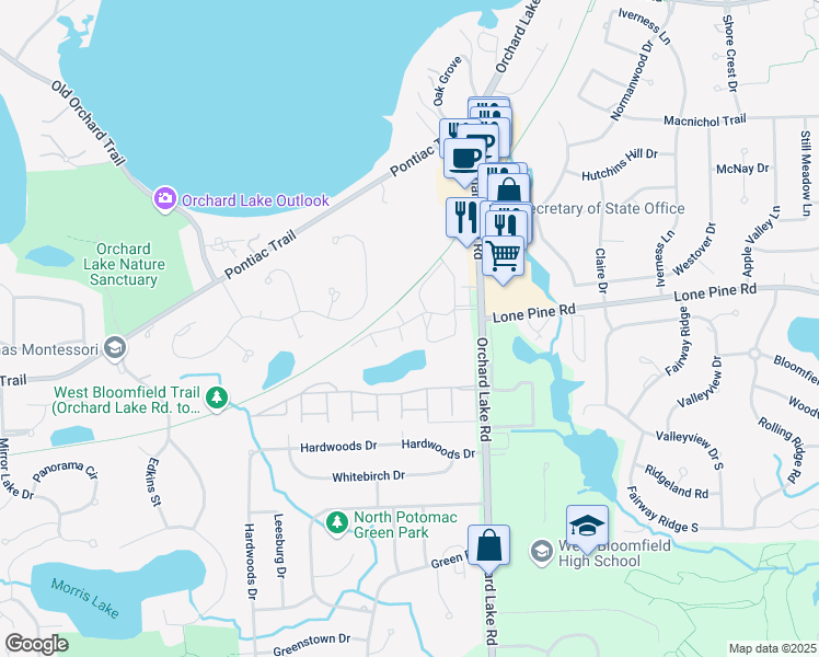 map of restaurants, bars, coffee shops, grocery stores, and more near 4434 Knightsbridge Lane in West Bloomfield Township
