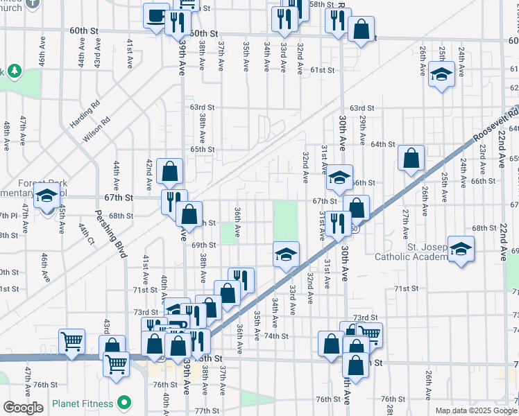 map of restaurants, bars, coffee shops, grocery stores, and more near 6711 35th Avenue in Kenosha