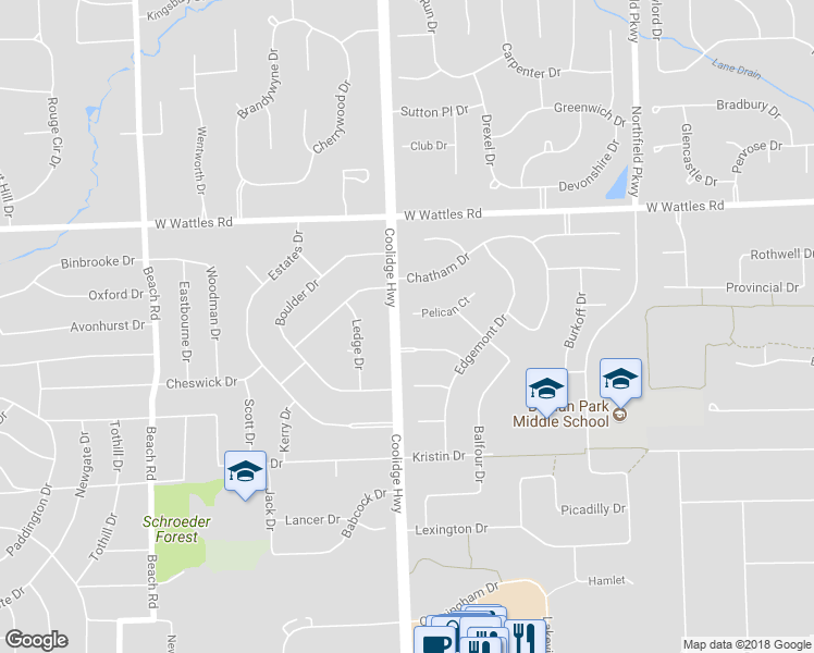 map of restaurants, bars, coffee shops, grocery stores, and more near 1983 Pelican Court in Troy