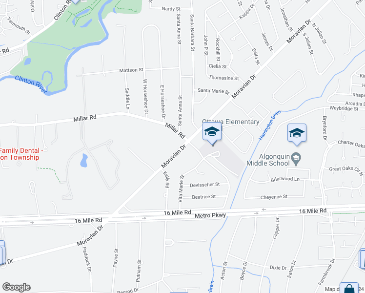 map of restaurants, bars, coffee shops, grocery stores, and more near Moravian Drive in Clinton Township