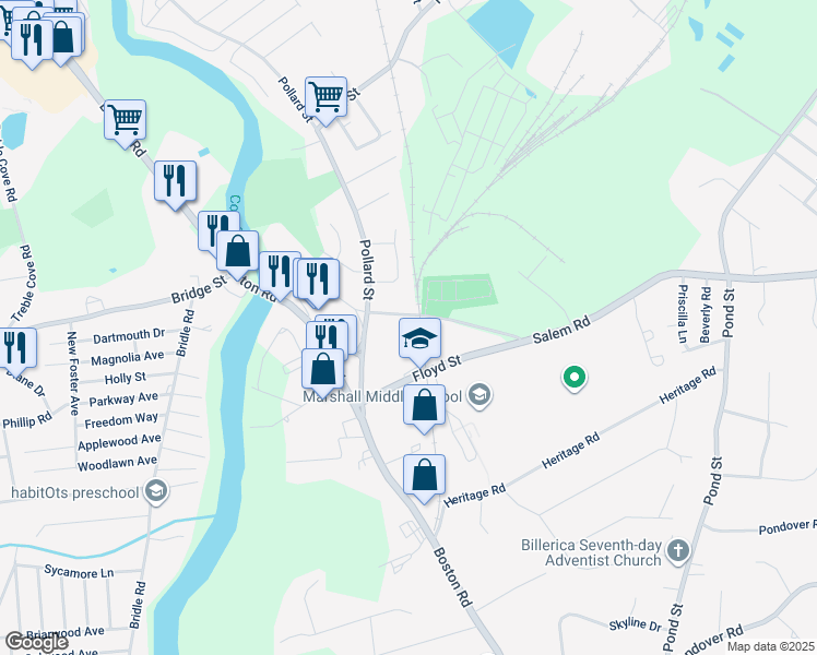 map of restaurants, bars, coffee shops, grocery stores, and more near 21 Parlmont Park in Billerica