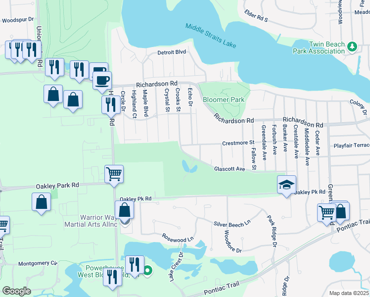 map of restaurants, bars, coffee shops, grocery stores, and more near 7650 Glascott Avenue in Oakland County