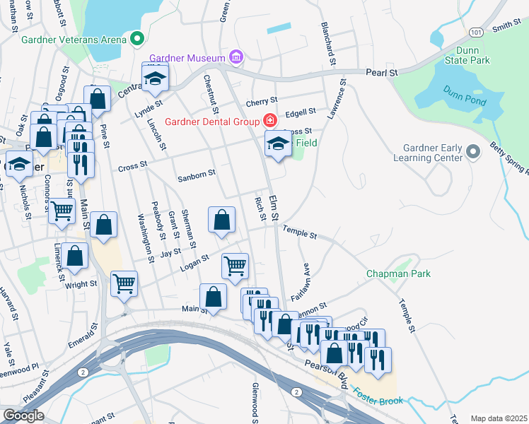 map of restaurants, bars, coffee shops, grocery stores, and more near 38 Rich Street in Gardner