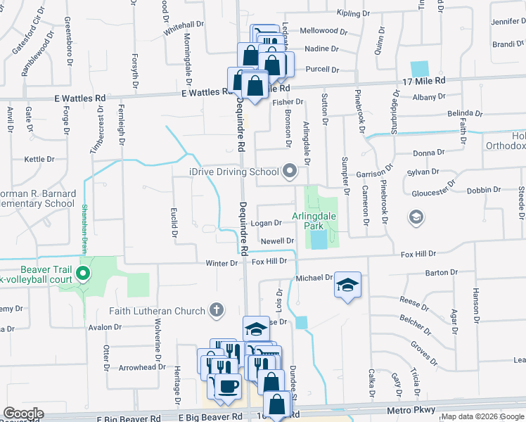 map of restaurants, bars, coffee shops, grocery stores, and more near 2030 Keystone Drive in Sterling Heights