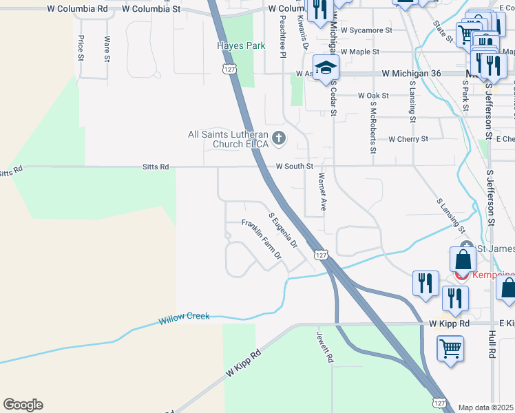 map of restaurants, bars, coffee shops, grocery stores, and more near 805 Eugenia Drive in Mason