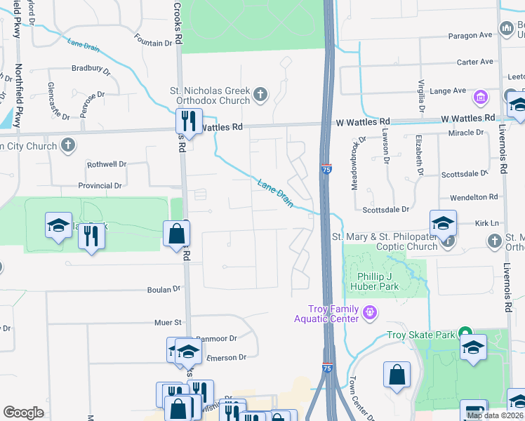 map of restaurants, bars, coffee shops, grocery stores, and more near Palermo Drive in Troy