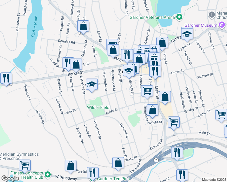 map of restaurants, bars, coffee shops, grocery stores, and more near 41 Moran Street in Gardner