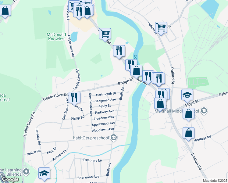 map of restaurants, bars, coffee shops, grocery stores, and more near 7 Dartmouth Drive in Billerica