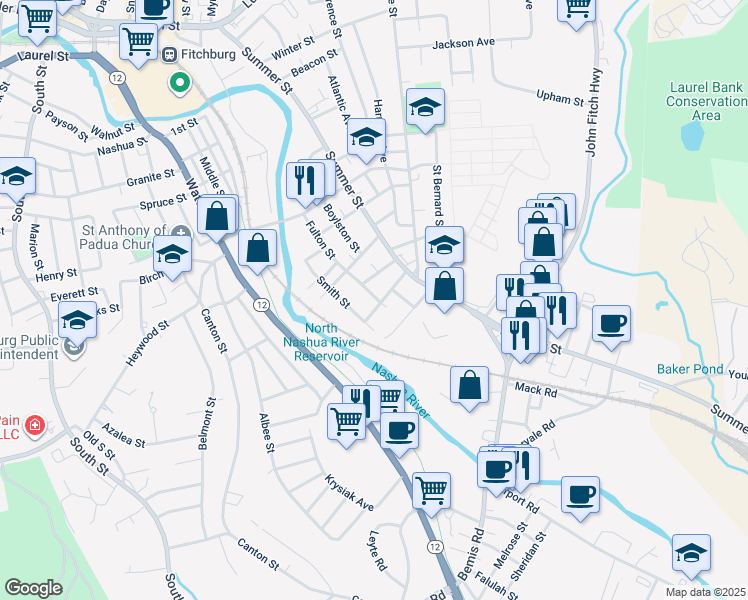 map of restaurants, bars, coffee shops, grocery stores, and more near 50 Hancock Street in Fitchburg