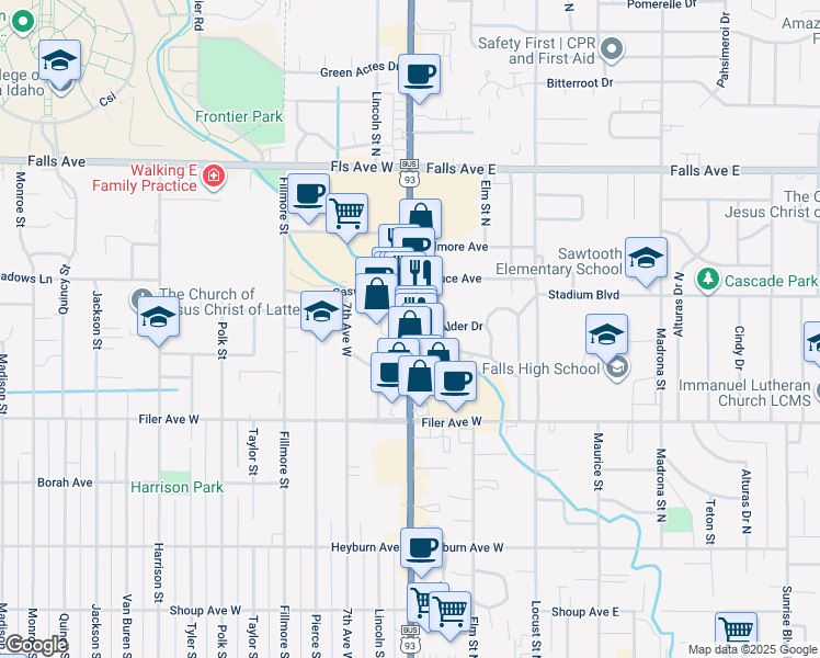 map of restaurants, bars, coffee shops, grocery stores, and more near 656 Blue Lakes Boulevard North in Twin Falls