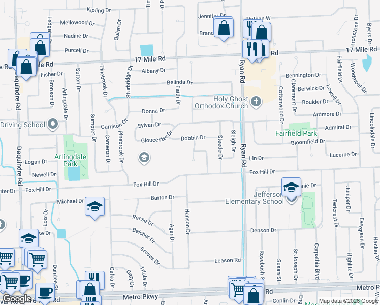 map of restaurants, bars, coffee shops, grocery stores, and more near 38157 Dray Drive in Sterling Heights