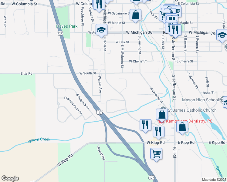 map of restaurants, bars, coffee shops, grocery stores, and more near 940 South Cedar Street in Mason