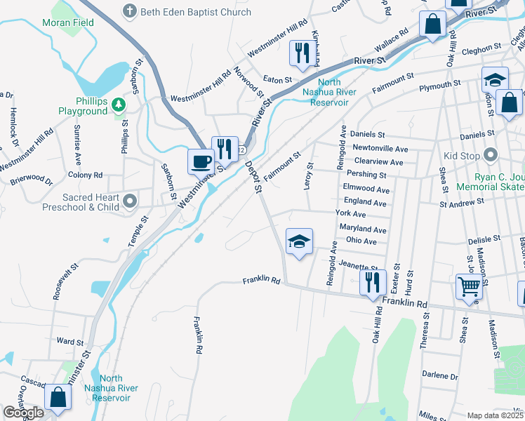 map of restaurants, bars, coffee shops, grocery stores, and more near 102 Depot Street in Fitchburg