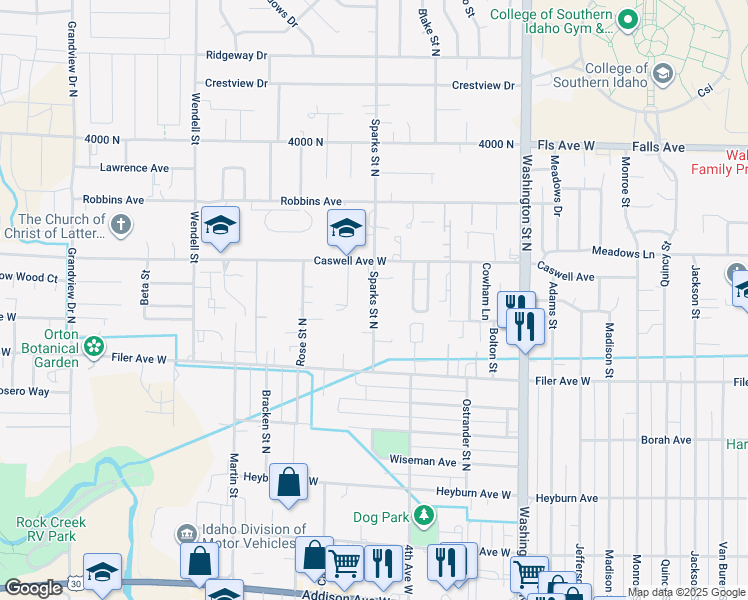 map of restaurants, bars, coffee shops, grocery stores, and more near 630 Sparks Street North in Twin Falls