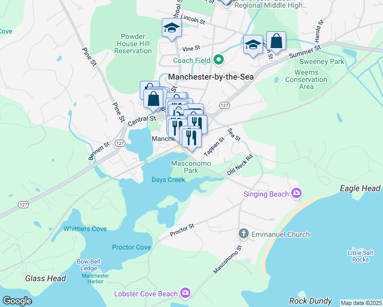 map of restaurants, bars, coffee shops, grocery stores, and more near 8 Tappan Street in Manchester-by-the-Sea