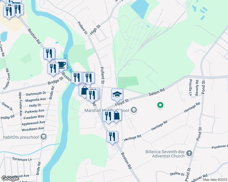 map of restaurants, bars, coffee shops, grocery stores, and more near 21 Parlmont Park in Billerica
