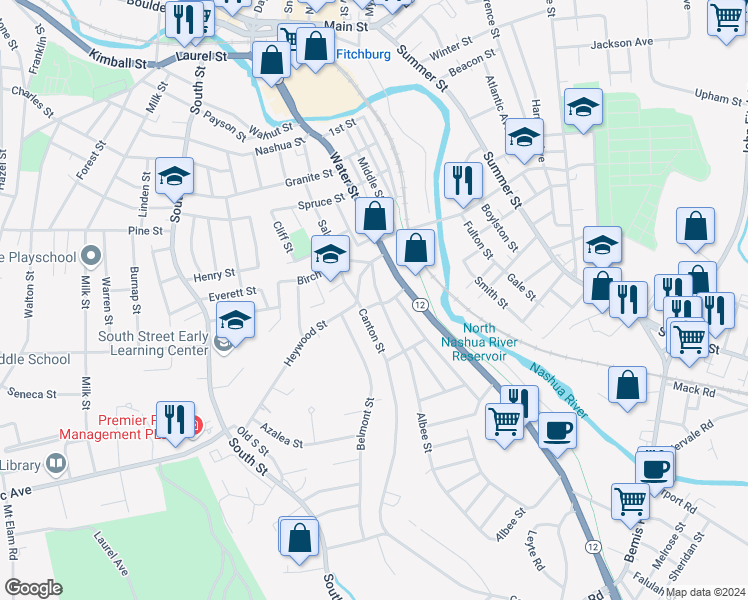 map of restaurants, bars, coffee shops, grocery stores, and more near 55 Albee Street in Fitchburg