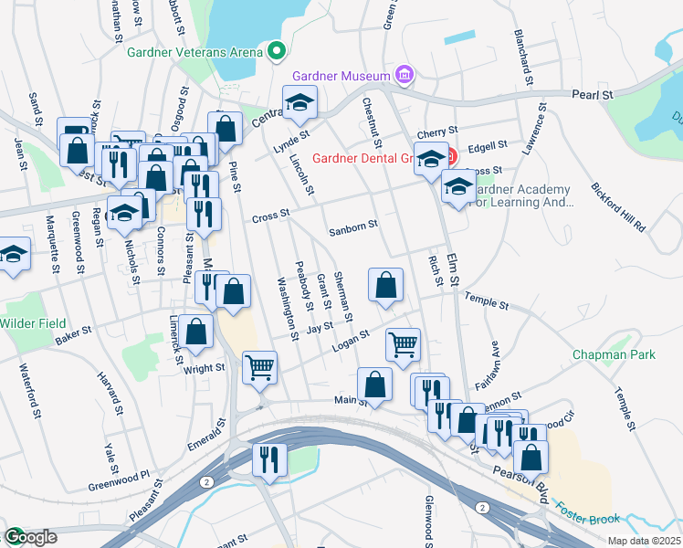 map of restaurants, bars, coffee shops, grocery stores, and more near 108 Sherman Street in Gardner