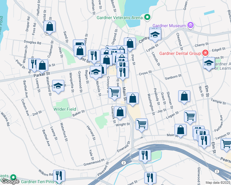 map of restaurants, bars, coffee shops, grocery stores, and more near 148 Pleasant Street in Gardner