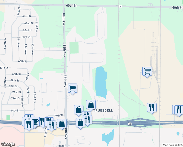 map of restaurants, bars, coffee shops, grocery stores, and more near 6719 84th Avenue in Kenosha