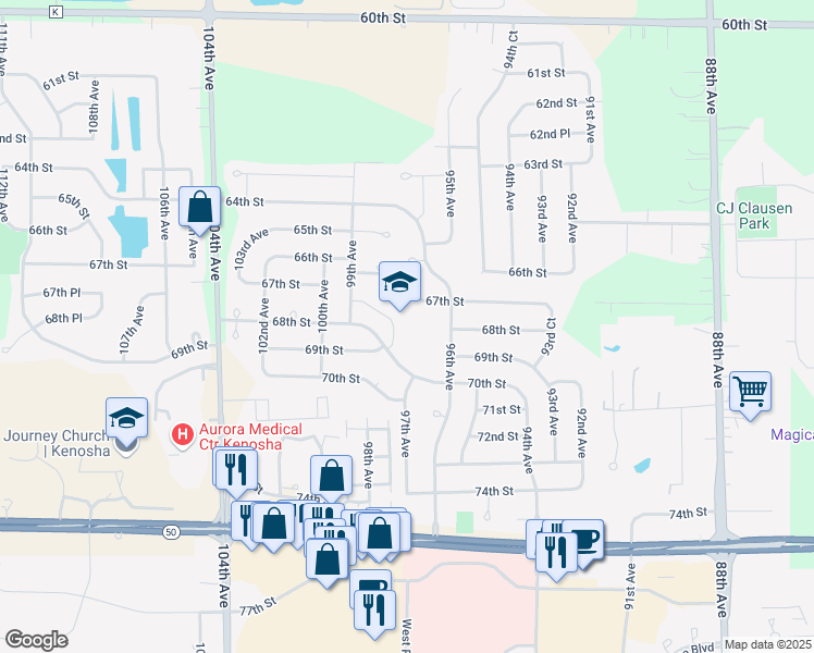 map of restaurants, bars, coffee shops, grocery stores, and more near 6801 99th Avenue in Kenosha