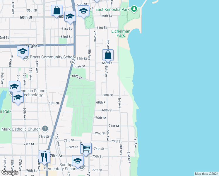 map of restaurants, bars, coffee shops, grocery stores, and more near 6621 5th Avenue in Kenosha