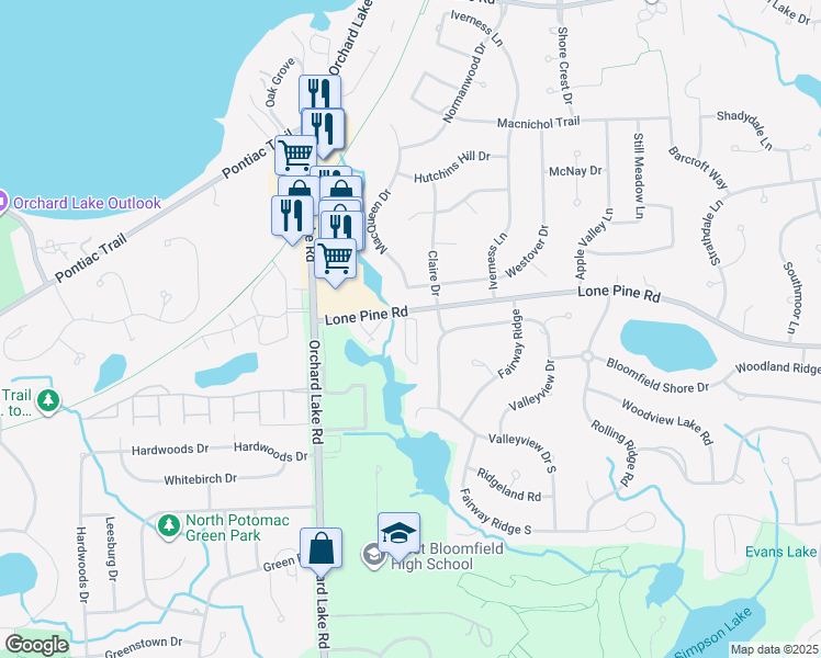 map of restaurants, bars, coffee shops, grocery stores, and more near 3805 Lone Pine Road in West Bloomfield Township