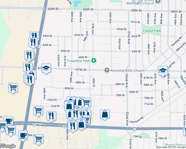 map of restaurants, bars, coffee shops, grocery stores, and more near 5630 67th Place in Kenosha