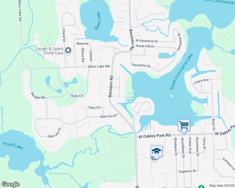 map of restaurants, bars, coffee shops, grocery stores, and more near 3505 Moberly Road in Commerce Charter Township