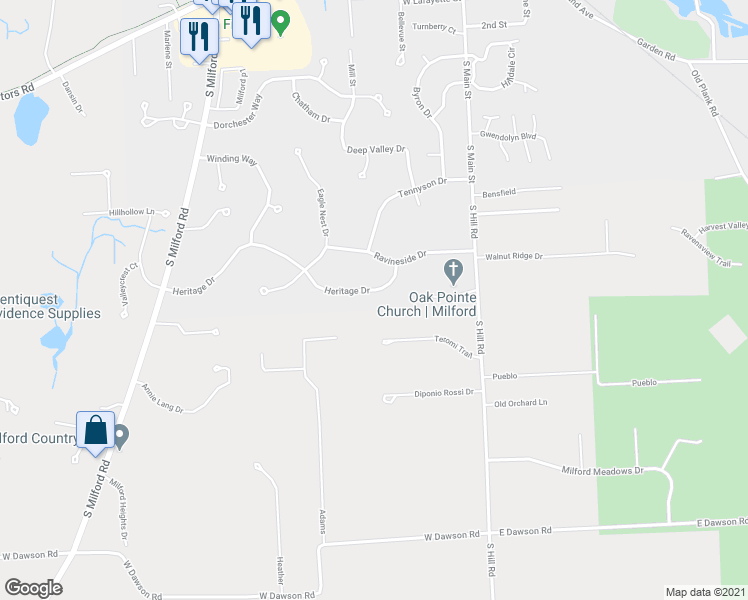 map of restaurants, bars, coffee shops, grocery stores, and more near 323 Heritage Drive in Milford Charter Township