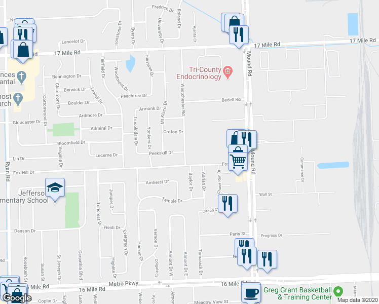map of restaurants, bars, coffee shops, grocery stores, and more near 38146 Westchester Road in Sterling Heights