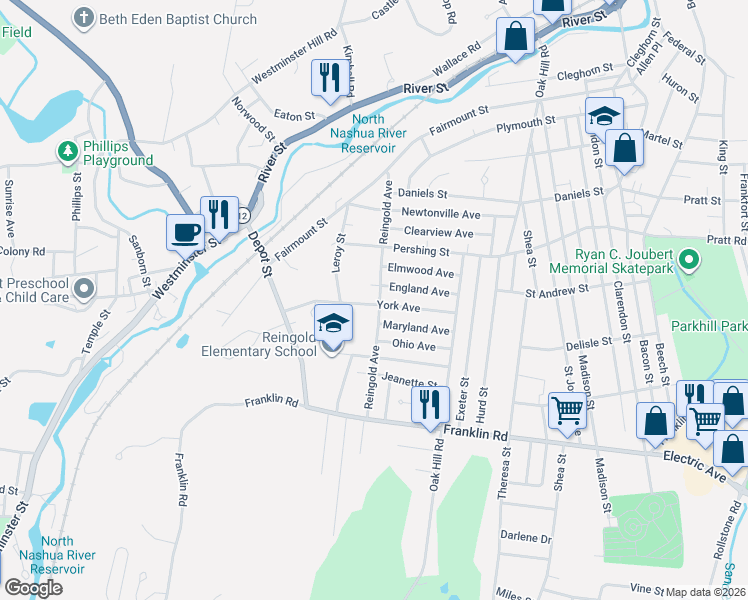 map of restaurants, bars, coffee shops, grocery stores, and more near 93 York Avenue in Fitchburg